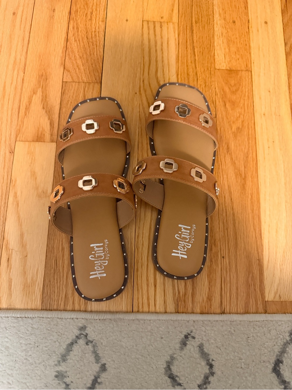 Corkys Tan Double-Strap Slide Sandals with Geometric Metal Accents